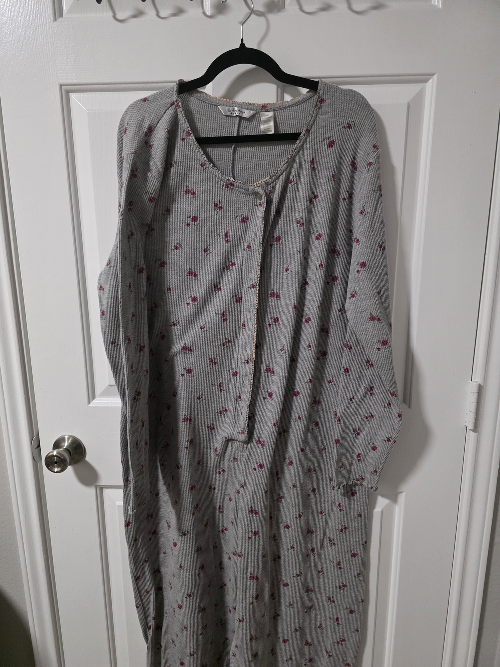 Womens Waffle Knit Onesie Nightgown with Pink Floral Print